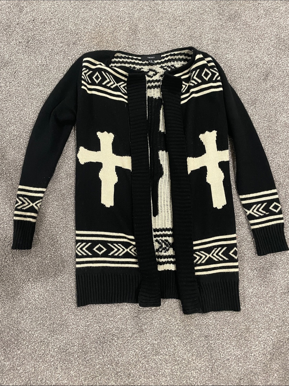 Black and Cream Open-Front Cross Cardigan